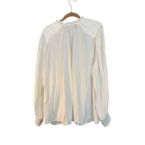 Rachel Zoe White Blouse 1X High Tie Up Neck Blousy Sleeves with Ruffle Cuff Boho